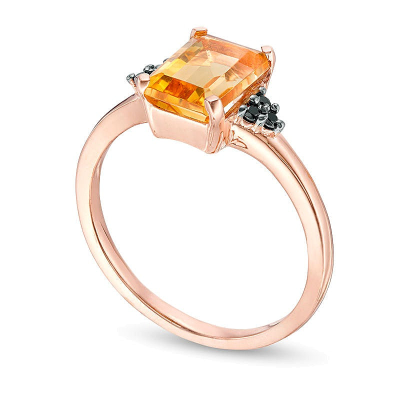 Emerald-Cut Citrine and 0.05 CT. TW Black Diamond Tri-Sides Promise Ring in 10K Rose Gold