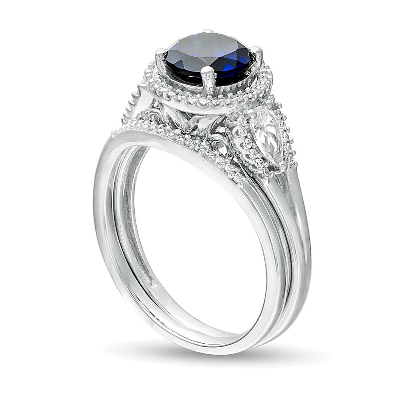 7.0mm Lab-Created Blue and White Sapphire and 0.25 CT. TW Diamond Frame Three Stone Bridal Set in Sterling Silver