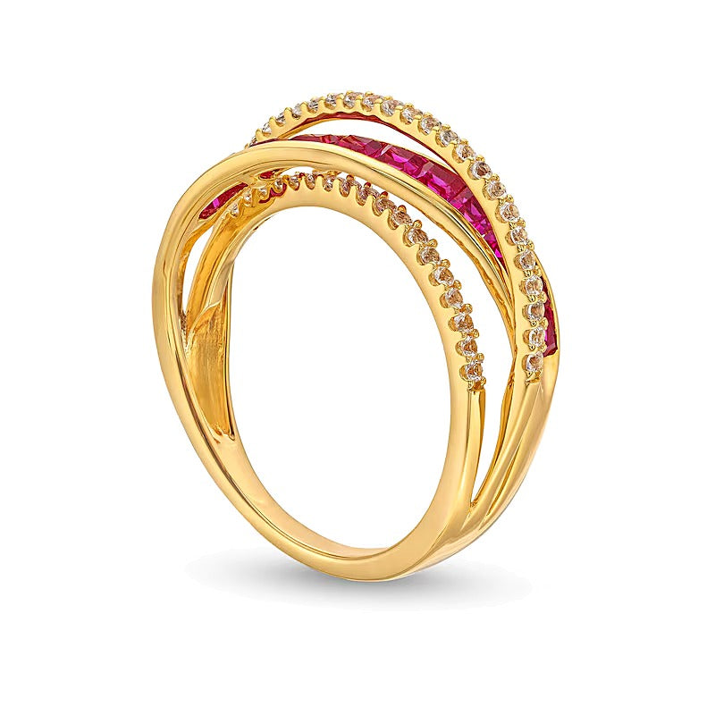 Princess-Cut Lab-Created Ruby and 0.2 CT. TW Diamond Criss-Cross Ring in 10K Gold