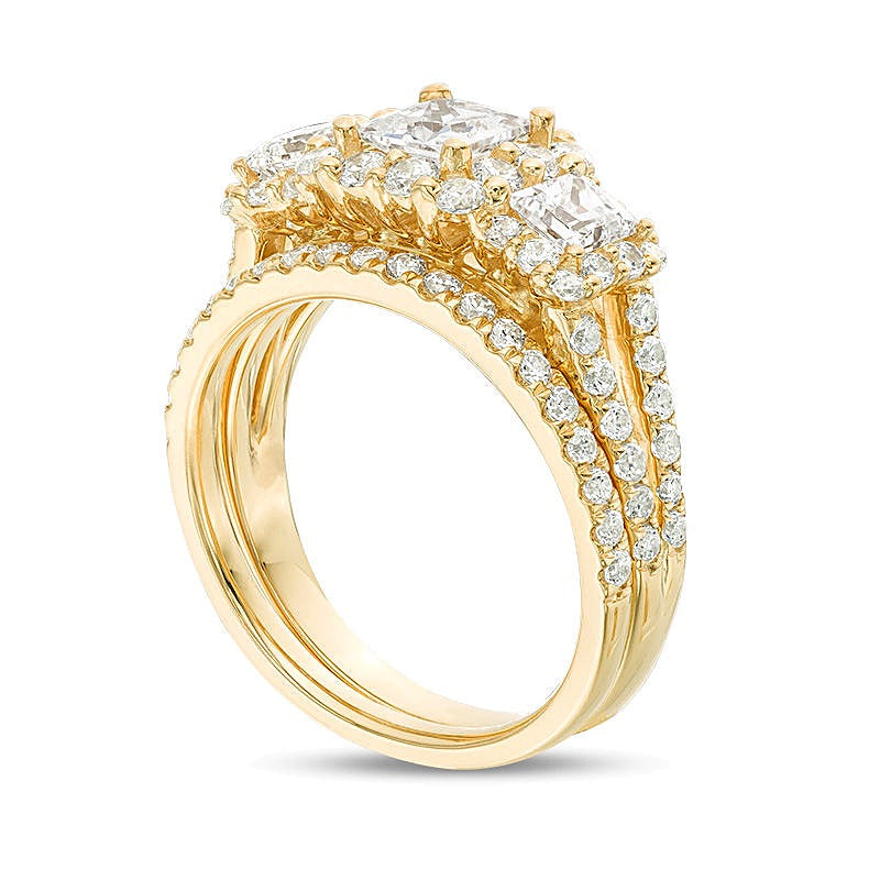 2.2 CT. TW Princess-Cut Diamond Three Stone Frame Bridal Set in 14K Gold