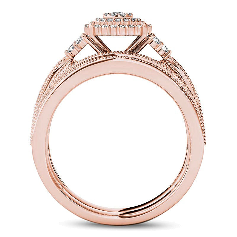 0.5 CT. TW Diamond Triple Frame Tri-Sides Vintage-Style Bridal Set in 10K Rose Gold