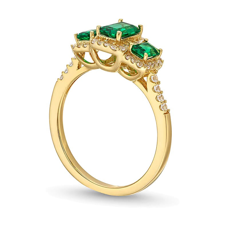 Emerald-Cut Lab-Created Emerald and 0.25 CT. TW Diamond Frame Three Stone Ring in 10K Gold