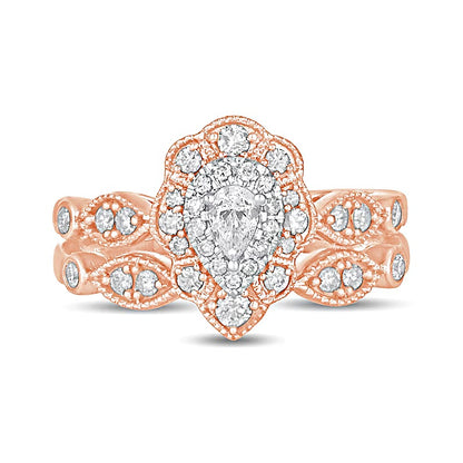 0.63 CT. TW Pear-Shaped Diamond Double Petal Frame Vintage-Style Bridal Set in 10K Rose Gold