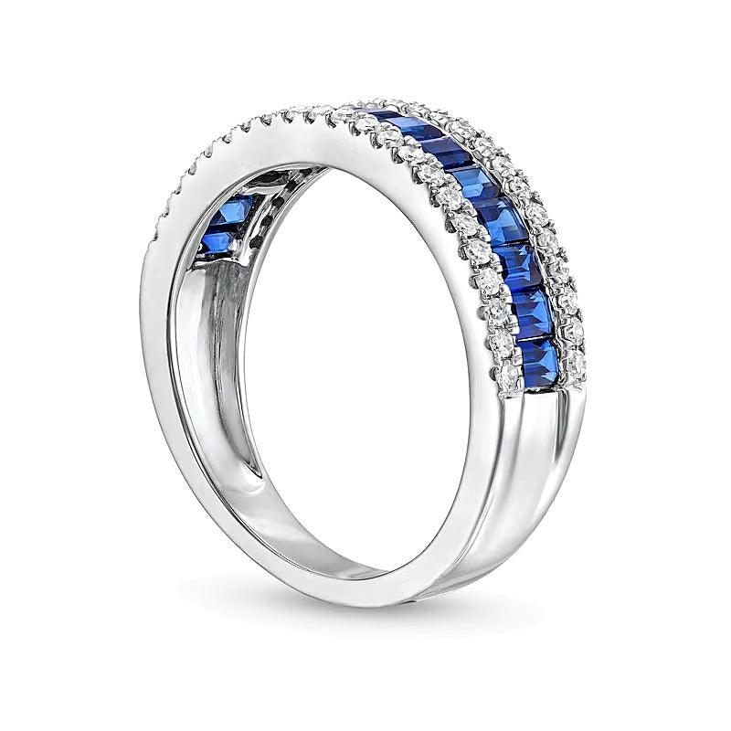Baguette-Cut Blue Sapphire and 0.33 CT. TW Diamond Edge Band in 14K White Gold