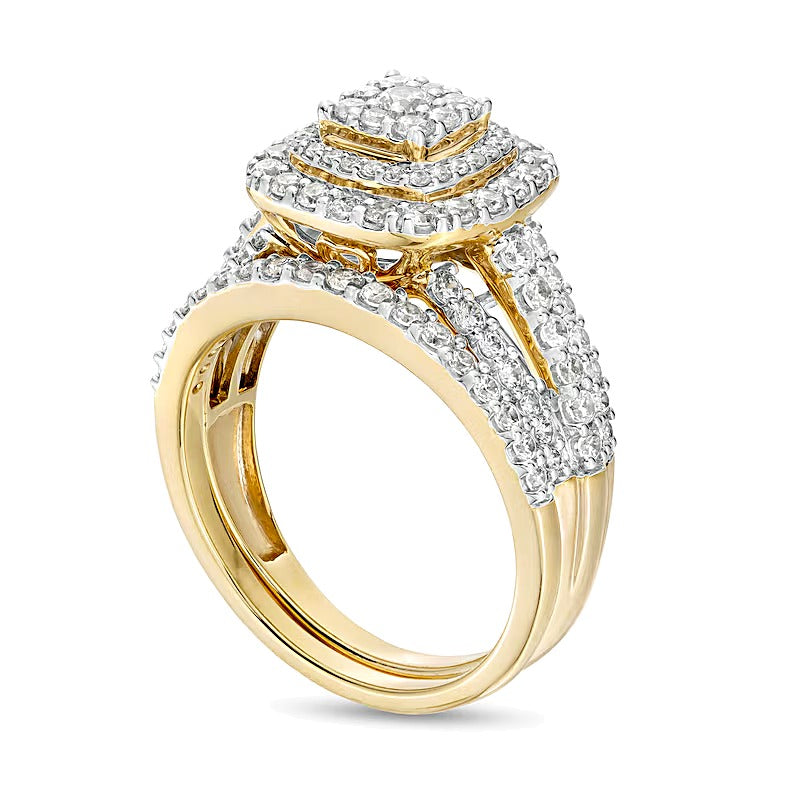 1.13 CT. TW Cushion-Shape Multi-Diamond Frame Split Shank Multi-Row Bridal Set in 10K Gold