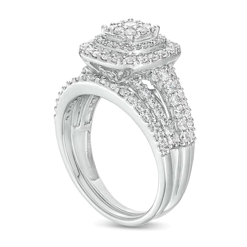 1.13 CT. TW Cushion-Shape Multi-Diamond Frame Split Shank Multi-Row Bridal Set in 10K White Gold