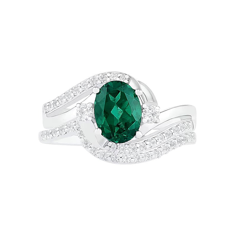 Oval Lab-Created Emerald and White Sapphire Side Accent Double Bypass Split Shank Bridal Set in Sterling Silver