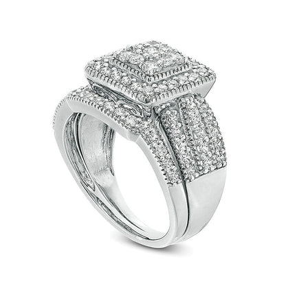 1.25 CT. TW Multi-Diamond Square Frame Vintage-Style Multi-Row Bridal Set in 10K White Gold