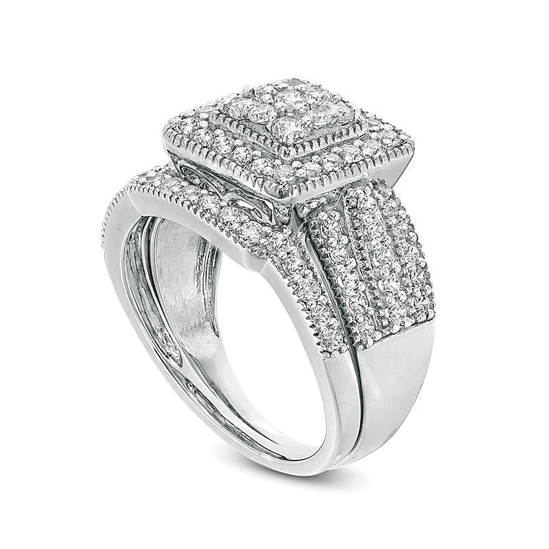 1.25 CT. TW Multi-Diamond Square Frame Vintage-Style Multi-Row Bridal Set in 10K White Gold