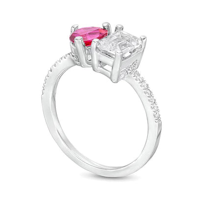 Heart-Shaped Lab-Created Ruby, Emerald-Cut White Lab-Created Sapphire and 0.07 CT. TW Diamond Ring in 10K White Gold