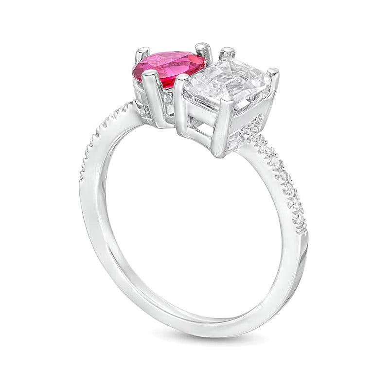 Heart-Shaped Lab-Created Ruby, Emerald-Cut White Lab-Created Sapphire and 0.07 CT. TW Diamond Ring in 10K White Gold