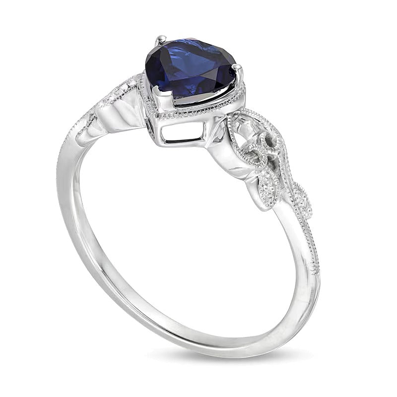 5.0mm Heart-Shaped Lab-Created Blue Sapphire and Diamond Accent Vintage-Style Filigree Ring in 10K White Gold