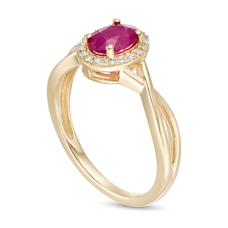 Oval Ruby and 0.07 CT. TW Diamond Frame Twist Shank Ring in 10K Gold