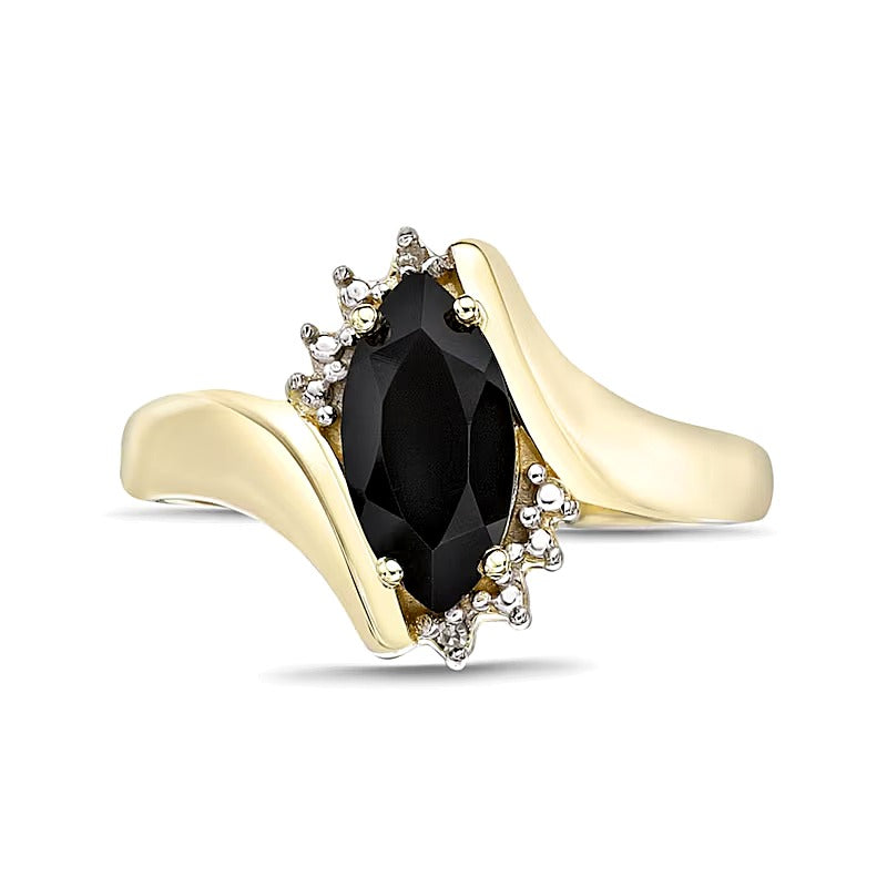 Marquise Black Onyx and Diamond Accent Beaded Starburst Border Bypass Ring in 10K Gold