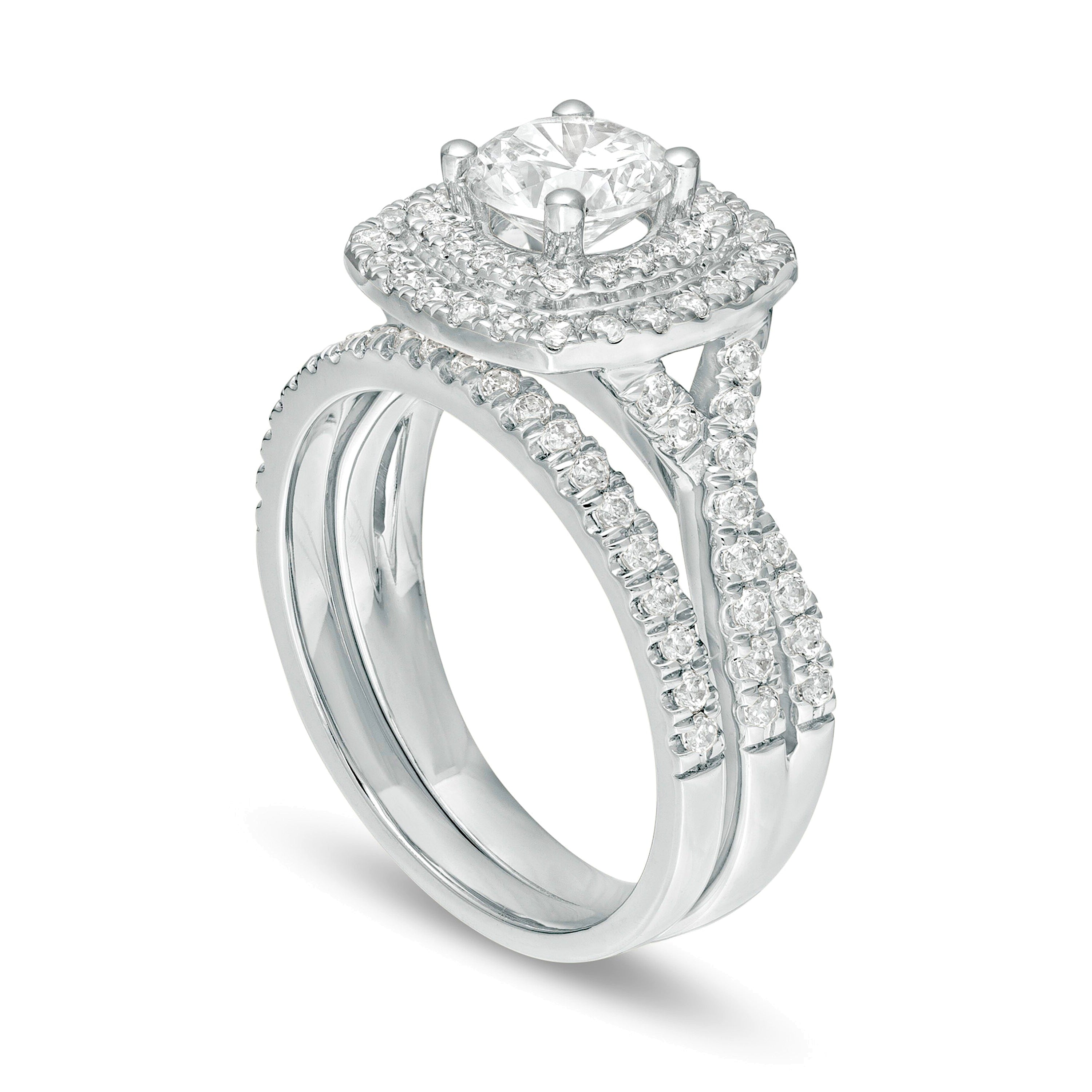 1.63 CT. TW Diamond Double Cushion Frame Twist Shank Bridal Set in 14K White Gold