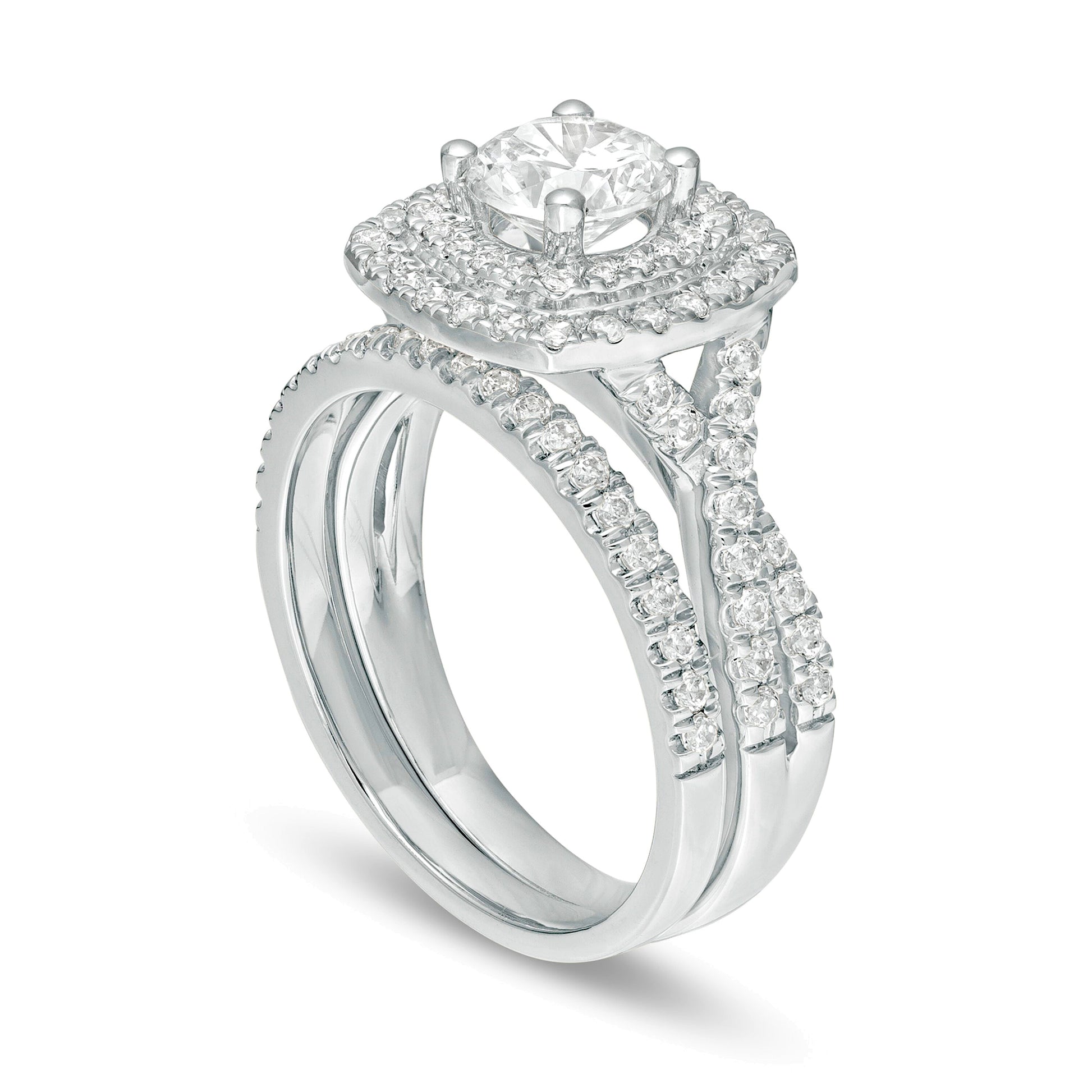 1.63 CT. TW Diamond Double Cushion Frame Twist Shank Bridal Set in 14K White Gold