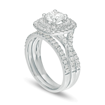 1.63 CT. TW Diamond Double Cushion Frame Twist Shank Bridal Set in 14K White Gold