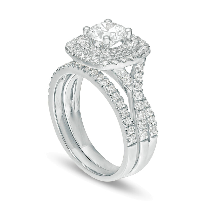 1.63 CT. TW Diamond Double Cushion Frame Twist Shank Bridal Set in 14K White Gold