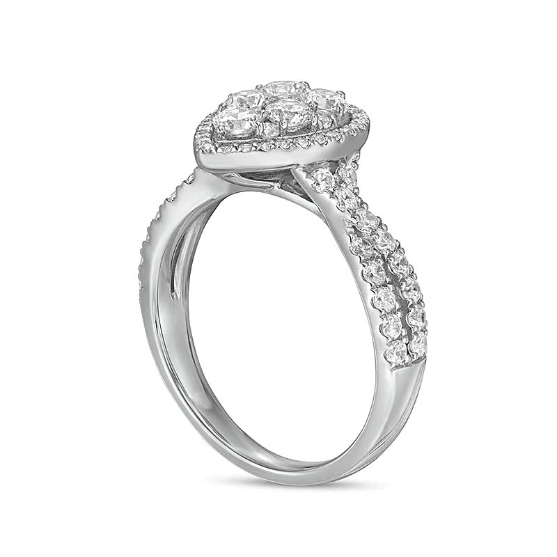 Previously Owned 1.25 CT. TW Composite Pear-Shaped Diamond Frame Twist Shank Engagement Ring in 14K White Gold