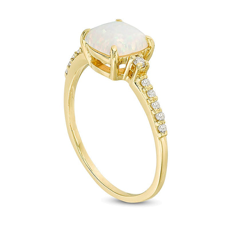 7.0mm Cushion-Shaped Lab-Created Opal and 0.13 CT. TW Diamond Engagement Ring in 10K Gold
