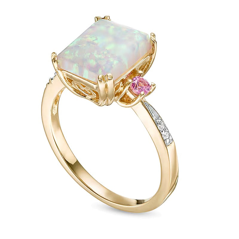 Emerald-Cut Lab-Created Opal and Pink Sapphire with Diamond Accent Three Stone Ring in 10K Gold