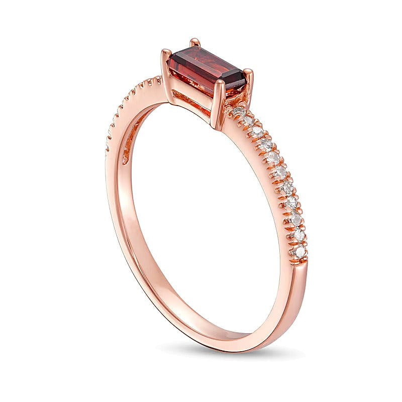 Sideways Baguette Garnet and 0.1 CT. TW Diamond PavÃ© Ring in 10K Rose Gold