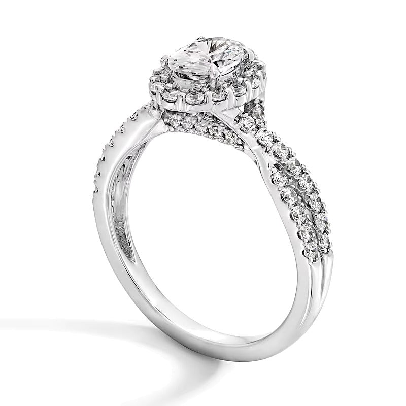 1.0 CT. TW Oval Lab-Grown Diamond Frame Crossover Shank Engagement Ring in 14K White Gold (F/SI2)