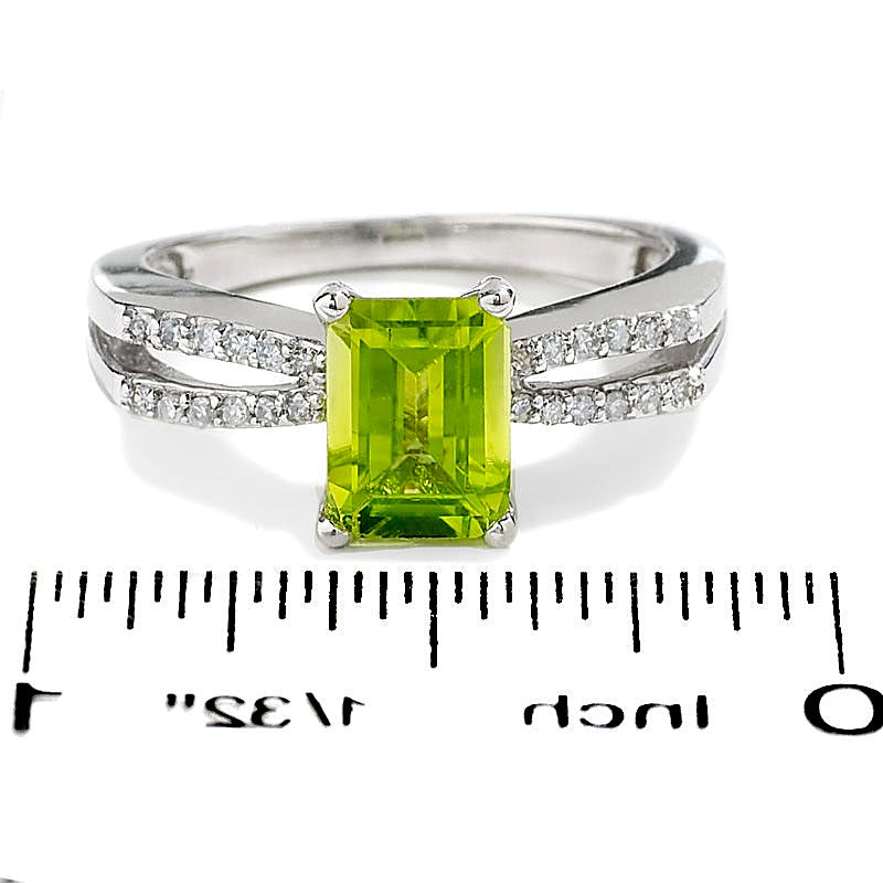Emerald-Cut Peridot Ring in 10K White Gold with Diamond Accents