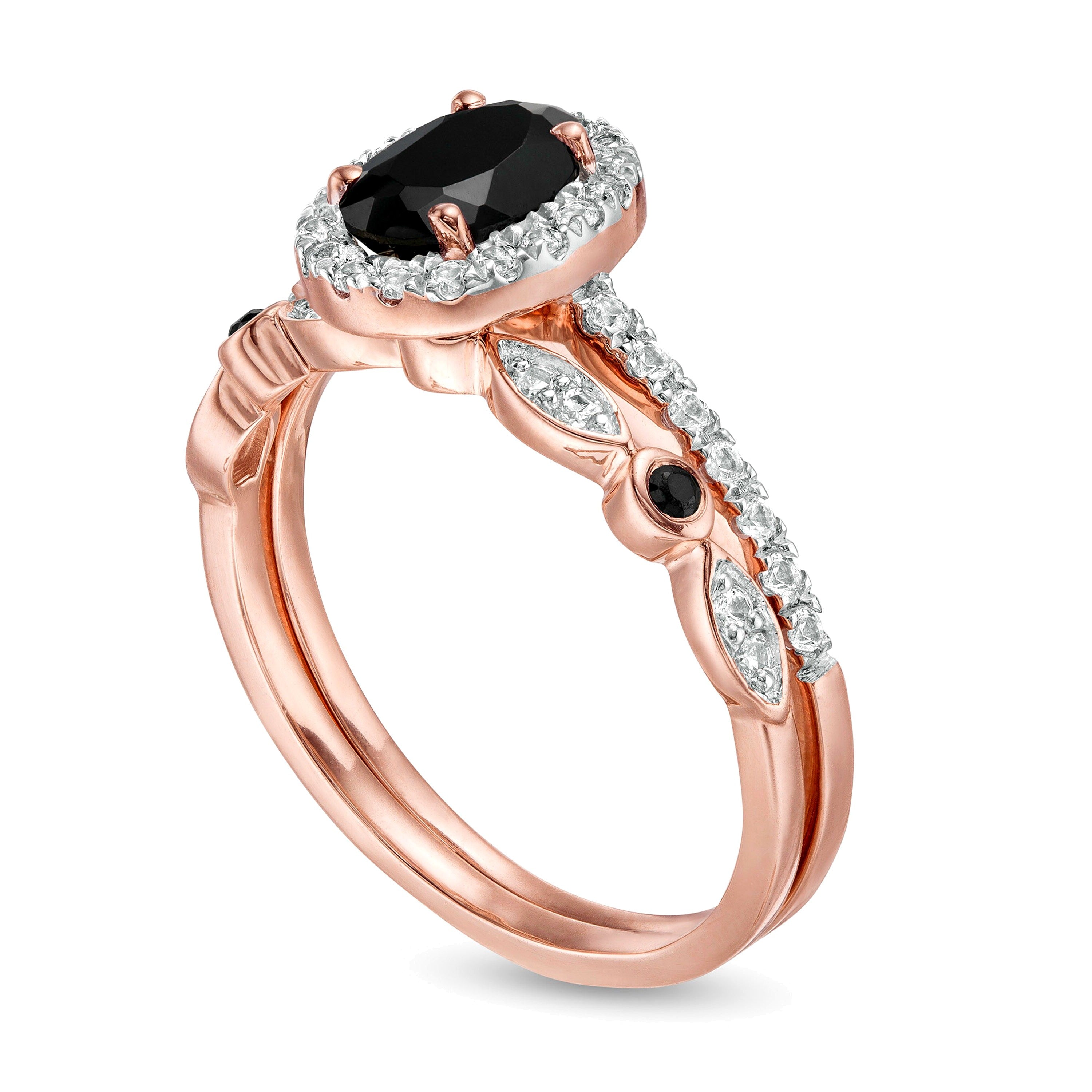 Oval Black Spinel and Lab-Created White Sapphire Frame Art Deco Bridal Set in 10K Rose Gold