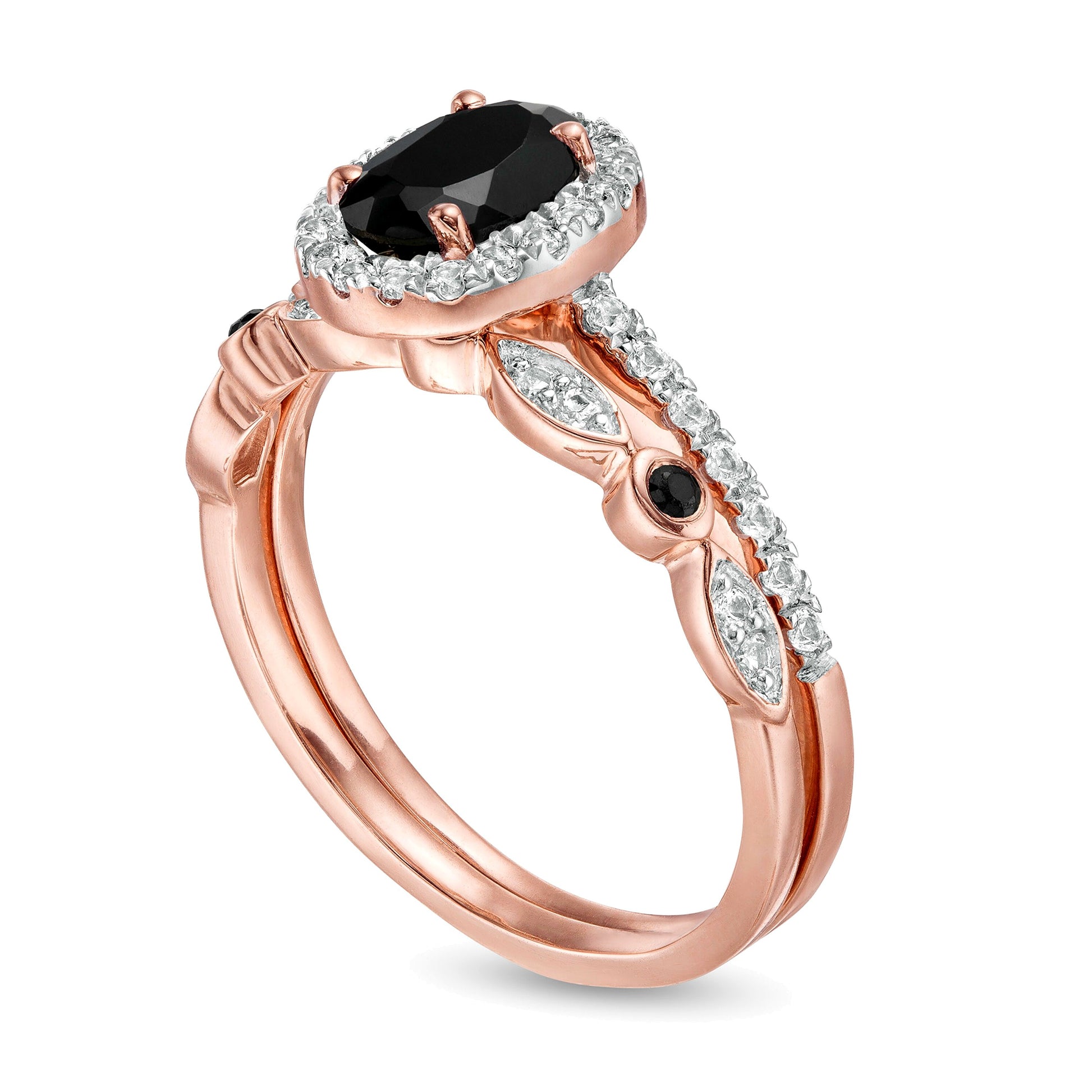 Oval Black Spinel and Lab-Created White Sapphire Frame Art Deco Bridal Set in 10K Rose Gold