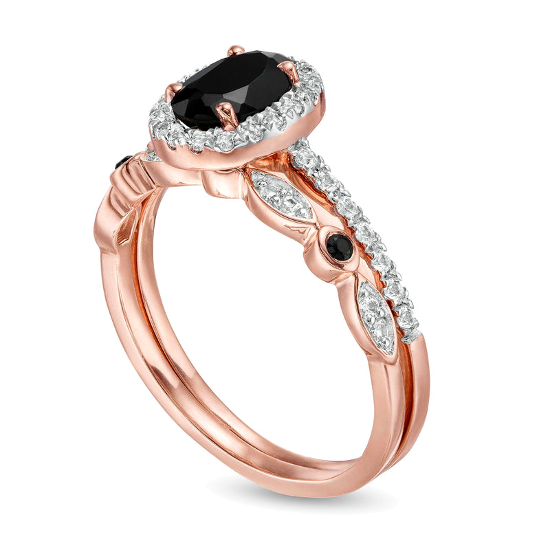 Oval Black Spinel and Lab-Created White Sapphire Frame Art Deco Bridal Set in 10K Rose Gold