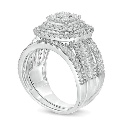 1.33 CT. TW Multi-Diamond Cushion Frame Vintage-Style Bridal Set in 10K White Gold