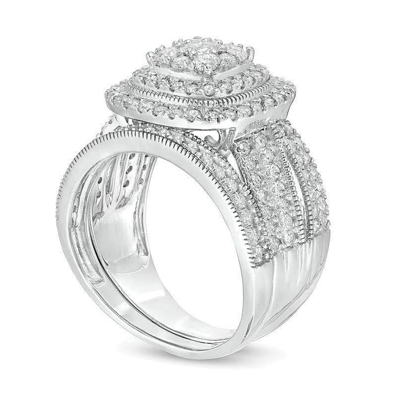 1.33 CT. TW Multi-Diamond Cushion Frame Vintage-Style Bridal Set in 10K White Gold