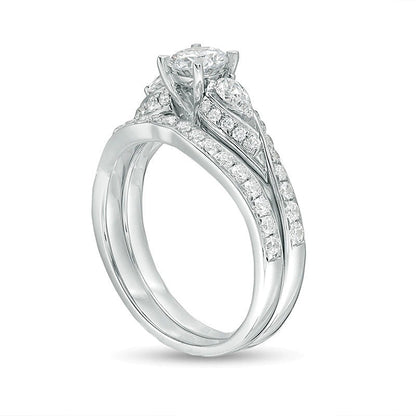 1.38 CT. TW Diamond Bypass Three Stone Bridal Set in 14K White Gold
