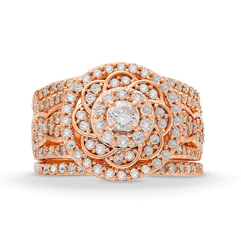 1.5 CT. TW Diamond Frame Celtic-Style Flower Bridal Set in 10K Rose Gold