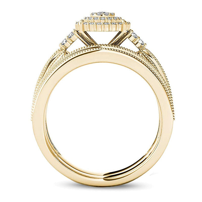 0.5 CT. TW Diamond Triple Frame Tri-Sides Vintage-Style Bridal Set in 10K Gold