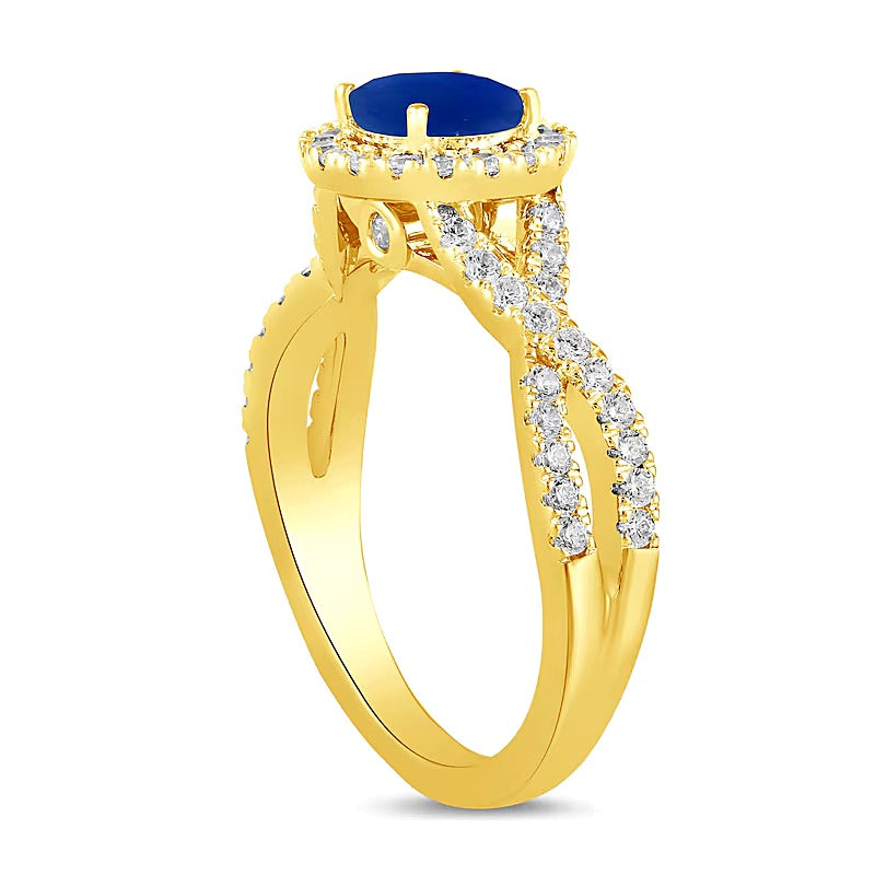 6.0mm Blue Sapphire and 0.5 CT. TW Lab-Grown Diamond Frame Crossover Shank Ring in 14K Gold