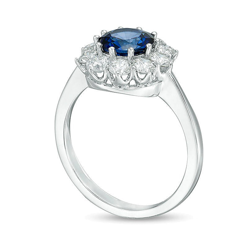 7.0mm Blue Sapphire and 1.0 CT. TW Diamond Sunburst Frame Ring in 14K White Gold