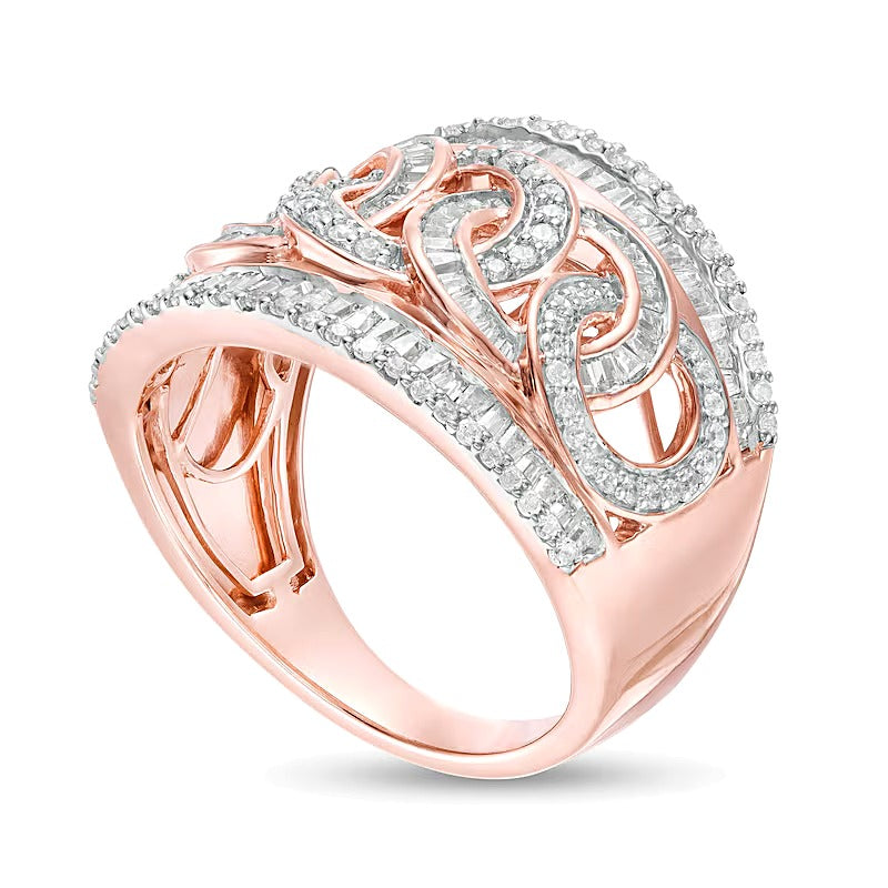 1.0 CT. TW Baguette and Round Diamond Chain Link Ring in 10K Rose Gold