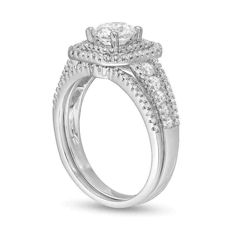 1.38 CT. TW Diamond Double Octagonal Frame Multi-Row Bridal Set in 14K White Gold