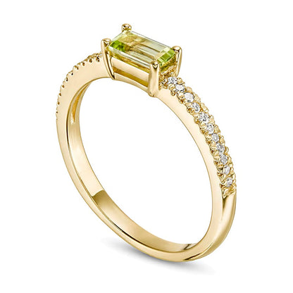 Sideways Baguette Peridot and 0.1 CT. TW Diamond Stackable Ring in 10K Gold
