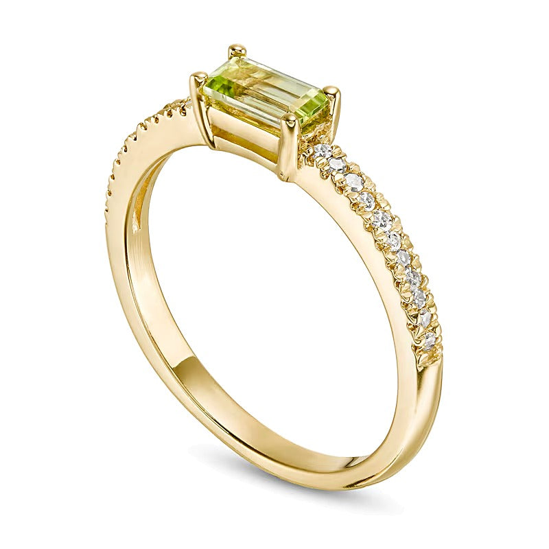 Sideways Baguette Peridot and 0.1 CT. TW Diamond Stackable Ring in 10K Gold