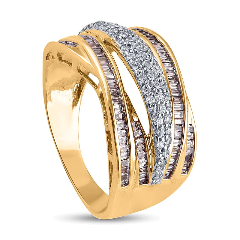 0.63 CT. TW Champagne and White Diamond Multi-Row Criss-Cross Ring in 10K Gold