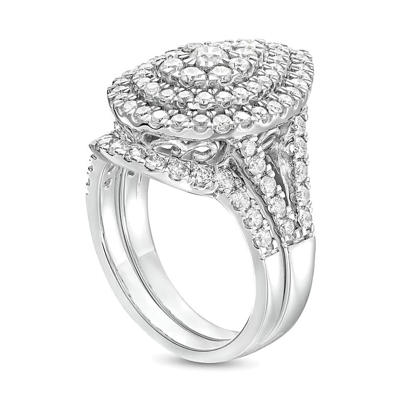 2.0 CT. TW Pear-Shaped Multi-Diamond Double Frame Split Shank Bridal Set in 14K White Gold