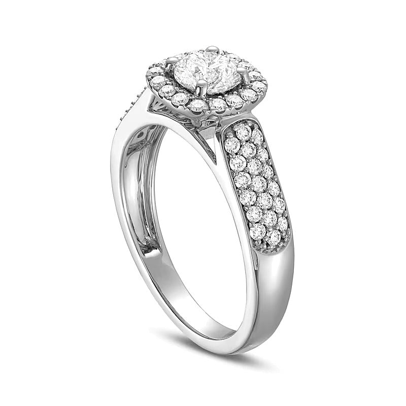 1.0 CT. TW Diamond Cushion-Shaped Frame Triple Row Engagement Ring in 14K White Gold (I/I1)
