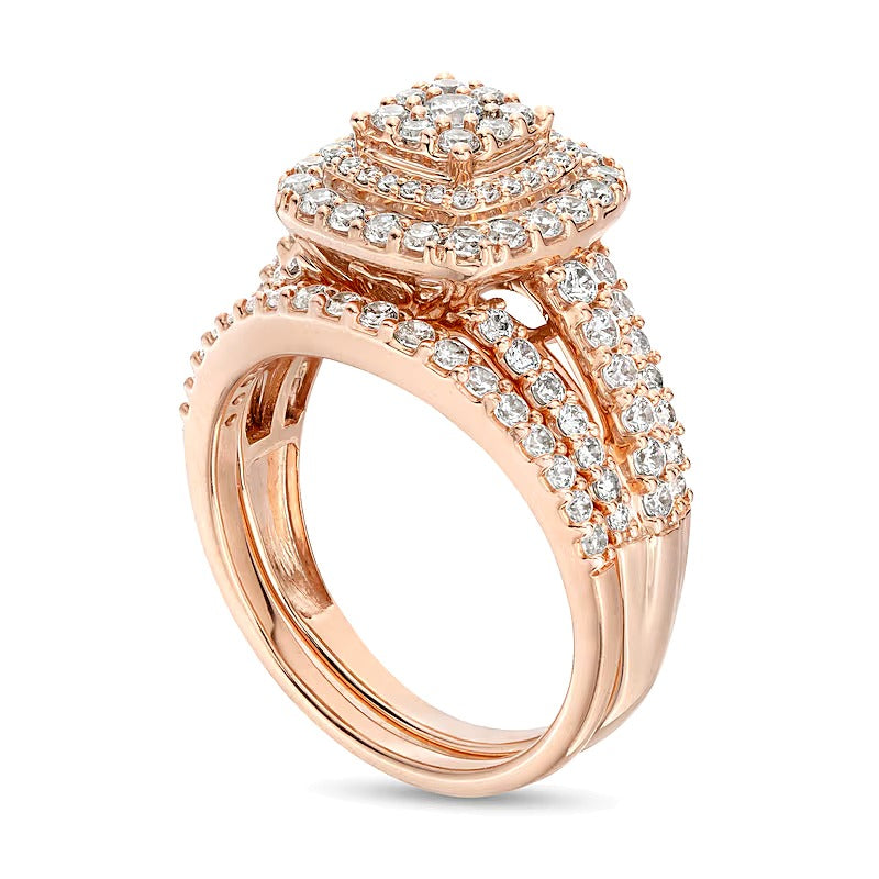 1.13 CT. TW Cushion-Shape Multi-Diamond Frame Split Shank Multi-Row Bridal Set in 10K Rose Gold