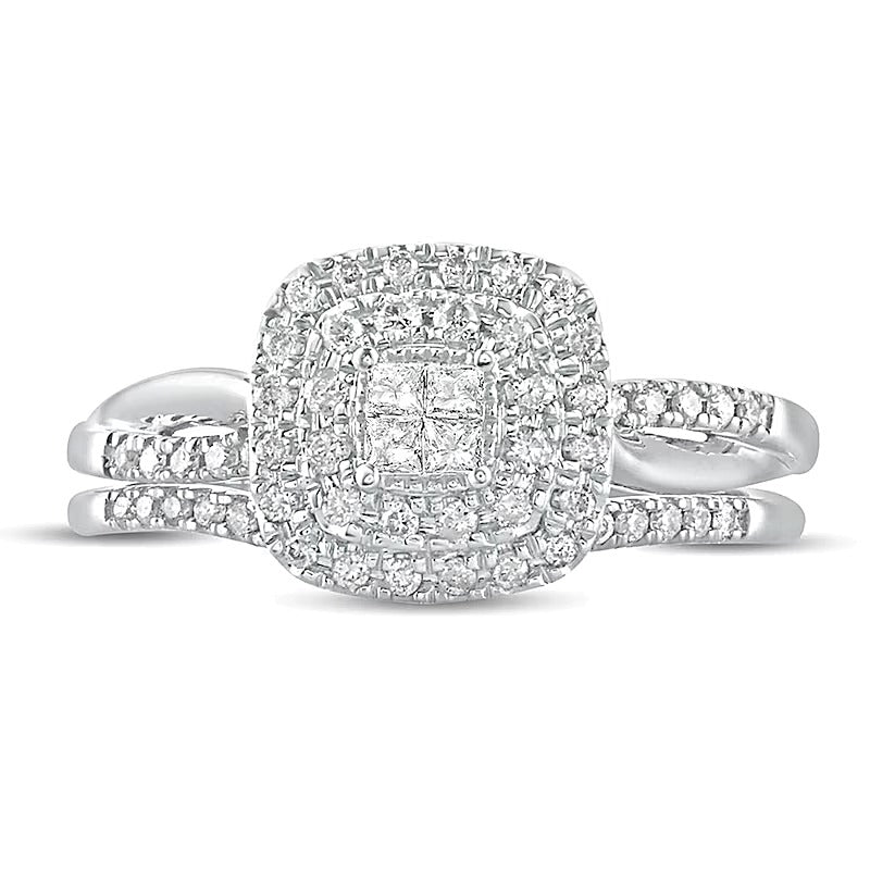 0.38 CT. TW Princess-Cut Quad Diamond Cushion Frame Bridal Set in 10K White Gold