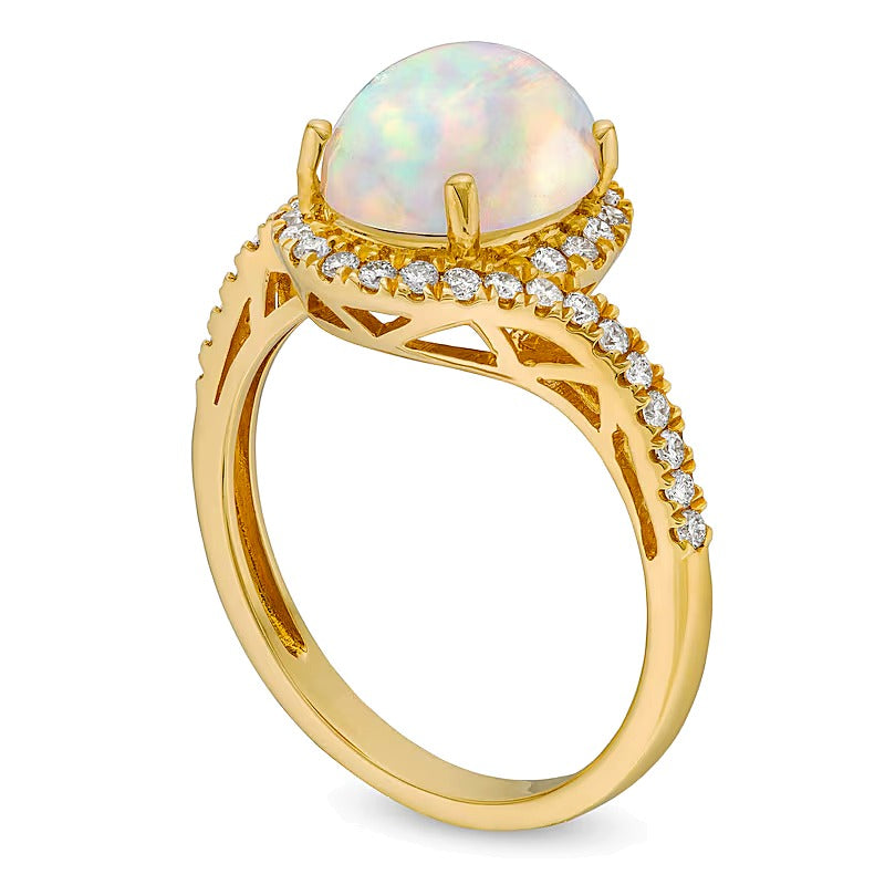 Oval Opal and 0.33 CT. TW Diamond Swirl Bypass Frame Ring in 10K Gold