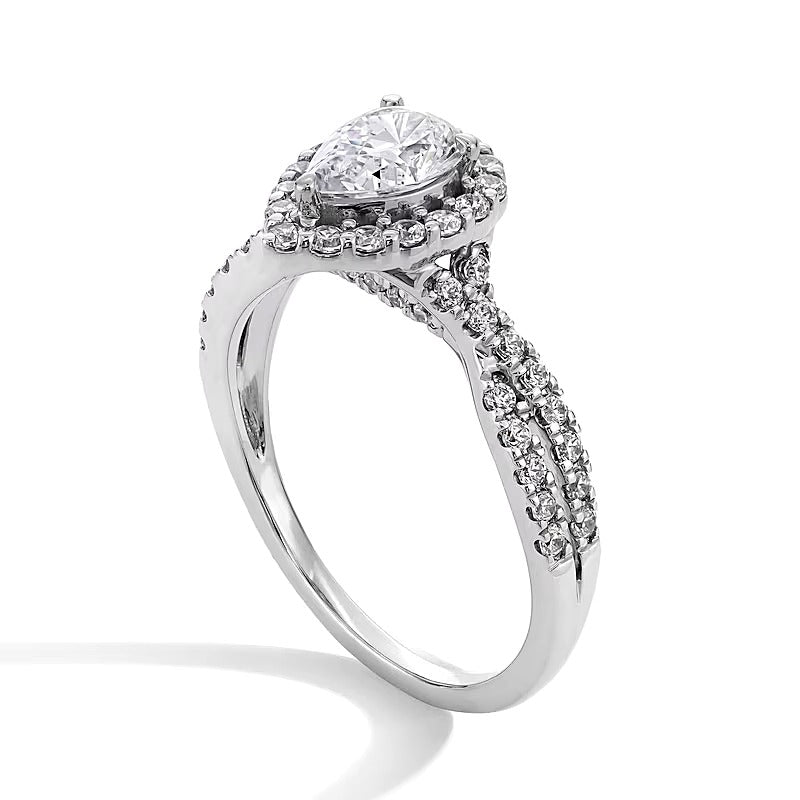 1.0 CT. TW Pear-Shaped Lab-Grown Diamond Frame Crossover Shank Engagement Ring in 14K White Gold (F/SI2)