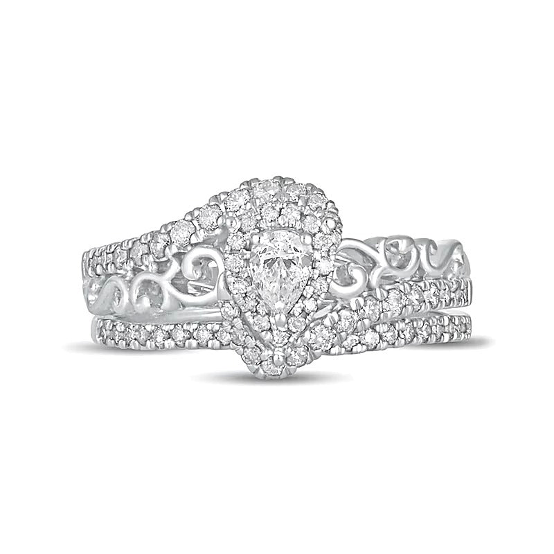 0.63 CT. TW Pear-Shaped Diamond Frame Filigree Bypass Bridal Set in 10K White Gold